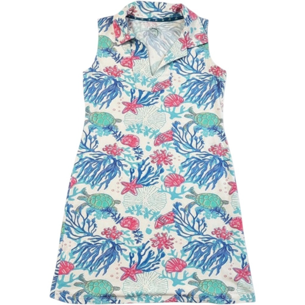Resort Wear Polo Dress Womens Lg White Blue UPF 50+ Sea Turtle Coastal Excellent